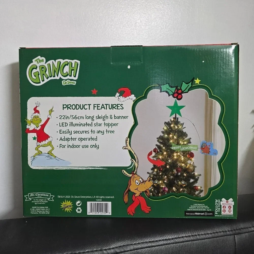 Mr. Christmas Animated Grinch Sleigh Tree Topper w Banner Merry Grinchmas New